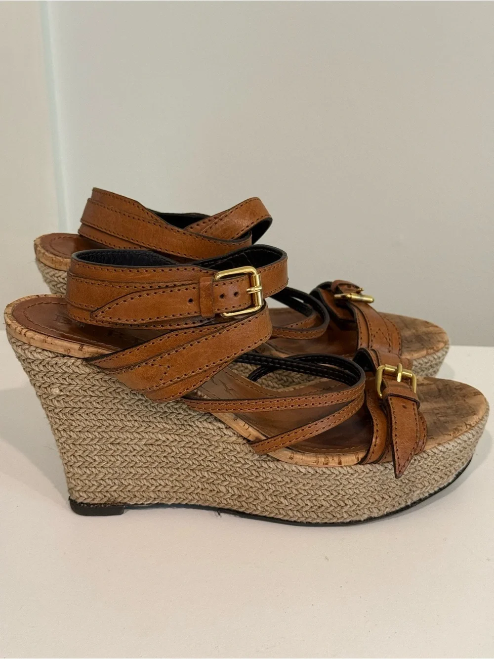 Burberry Vintage Brown Leather Espadrille Wedge Sandals EU 39